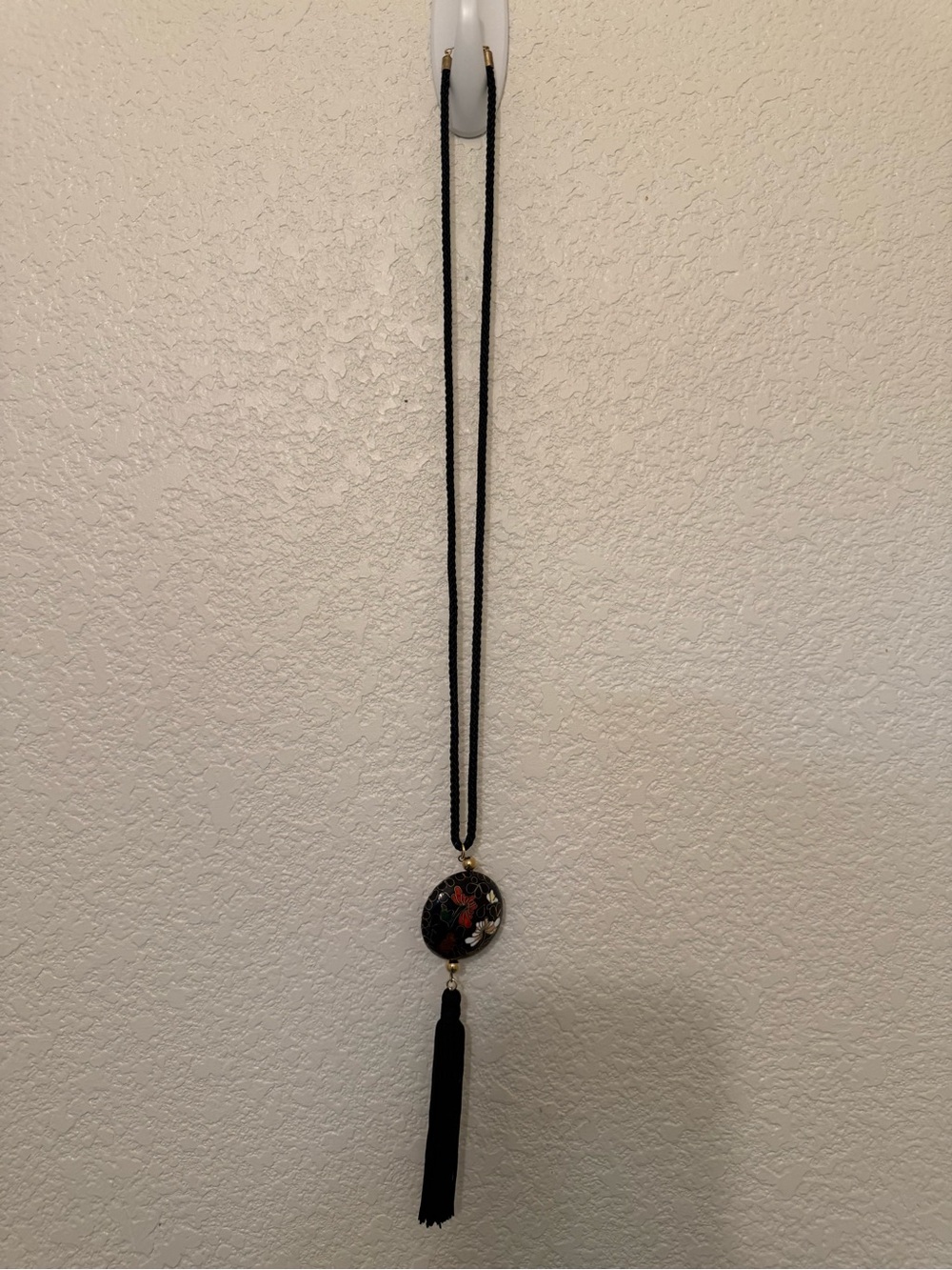 Black Tassel Pendant Necklace with Red Floral Accent